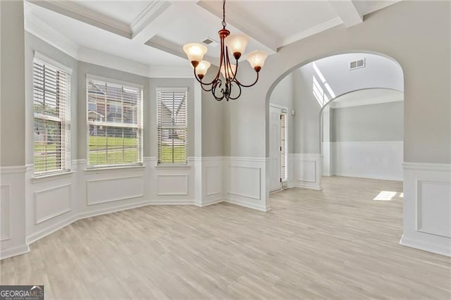 766 Chapman St, Jonesboro, GA 30238 - unfurnished dining area with arched walkways, wainscoting, beam ceiling, a chandelier, and light wood-style floors