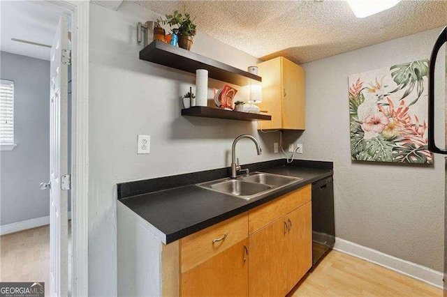 377 Ralph Mcgill Blvd NE Unit C, Atlanta, GA 30312 - kitchen featuring black dishwasher, light wood-style floors, open shelves, dark countertops, and a textured ceiling