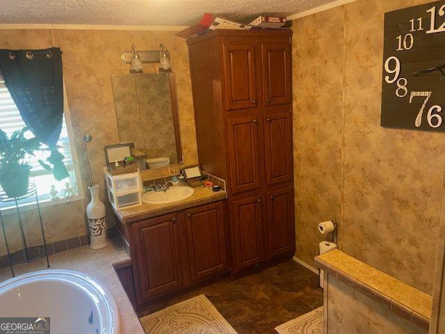 1167 Underwood, Sparta, GA 31087 - bathroom with a textured ceiling, vanity, a bath, and ornamental molding