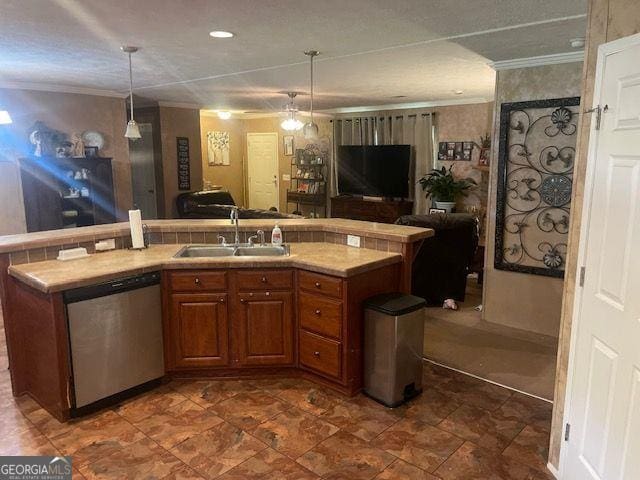 1167 Underwood, Sparta, GA 31087 - kitchen featuring stainless steel dishwasher, a sink, crown molding, light countertops, and open floor plan