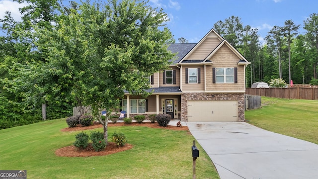 572 Boulder View Pkwy, Dallas, GA 30157 - craftsman-style house featuring driveway, an attached garage, stone siding, and a shingled roof