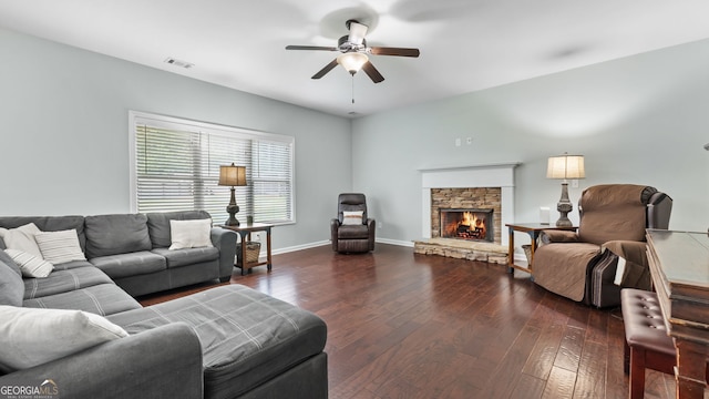 572 Boulder View Pkwy, Dallas, GA 30157 - living area with ceiling fan, dark wood-type flooring, a fireplace, and baseboards