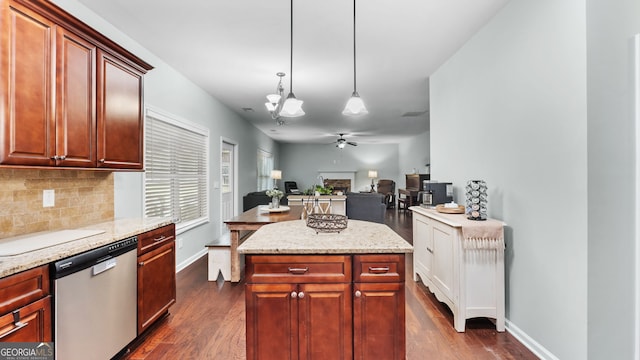 572 Boulder View Pkwy, Dallas, GA 30157 - kitchen featuring stainless steel dishwasher, baseboards, decorative backsplash, a chandelier, and dark wood-style floors