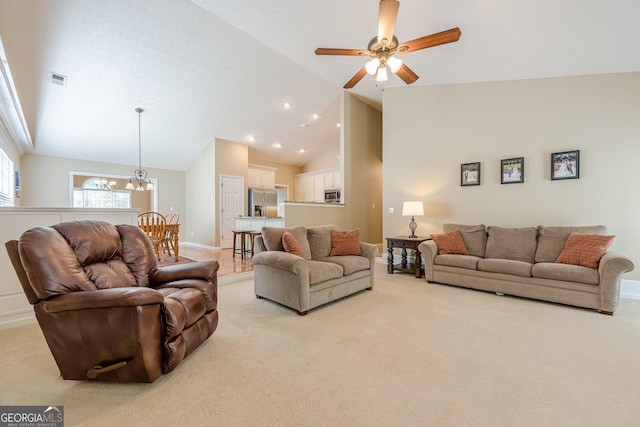 2870 Jay Oak Dr, Dacula, GA 30019 - living area featuring a chandelier, light colored carpet, ceiling fan, baseboards, and recessed lighting