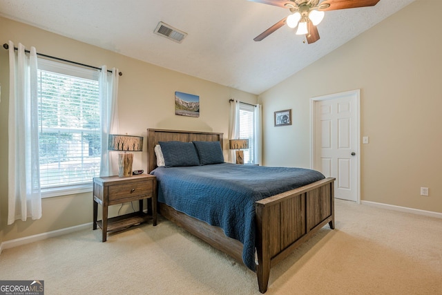 2870 Jay Oak Dr, Dacula, GA 30019 - bedroom featuring light carpet, baseboards, ceiling fan, and lofted ceiling