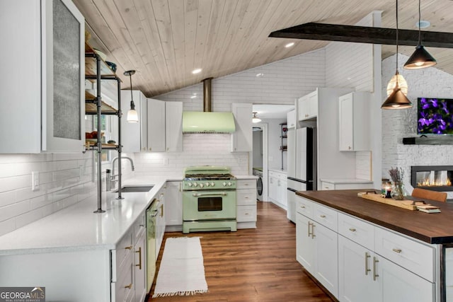 14905 Thompson Rd, Milton, GA 30004 - kitchen with stainless steel appliances, lofted ceiling, wood counters, a sink, and decorative backsplash