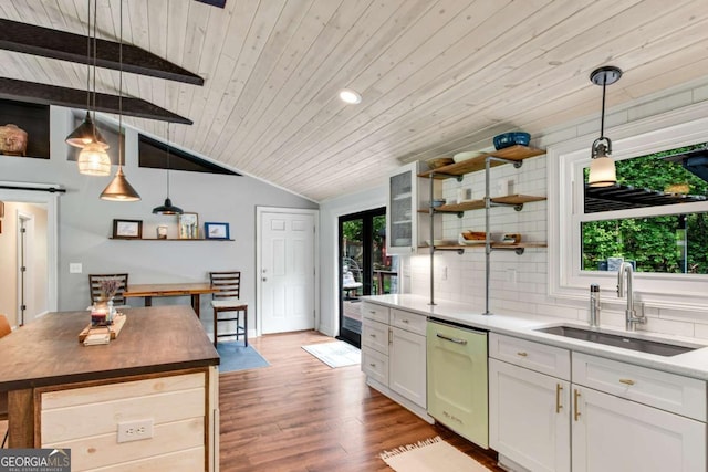 14905 Thompson Rd, Milton, GA 30004 - kitchen with a sink, dishwasher, wooden ceiling, wood finished floors, and white cabinets
