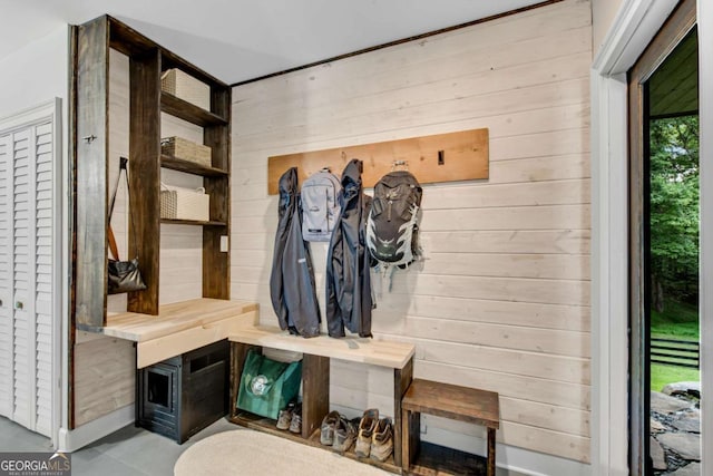 14905 Thompson Rd, Milton, GA 30004 - mudroom featuring wood walls, a sauna / steam room, and concrete floors
