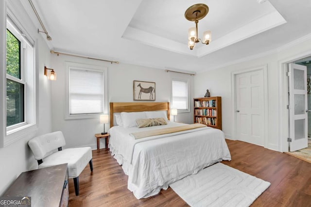 14905 Thompson Rd, Milton, GA 30004 - bedroom featuring a chandelier, wood finished floors, and a tray ceiling