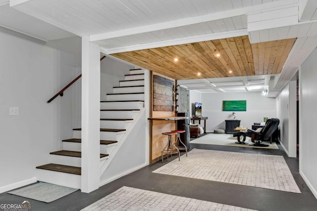 14905 Thompson Rd, Milton, GA 30004 - finished below grade area with stairs, baseboards, recessed lighting, and wooden ceiling