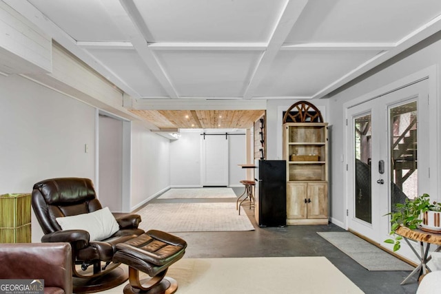 14905 Thompson Rd, Milton, GA 30004 - living area with french doors, concrete flooring, and coffered ceiling