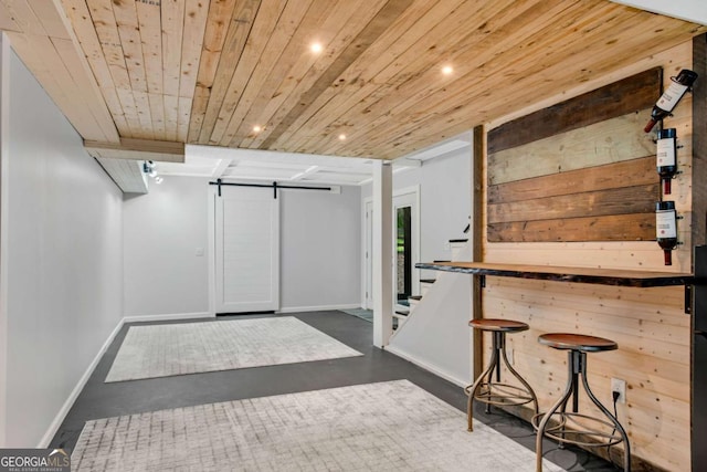 14905 Thompson Rd, Milton, GA 30004 - below grade area featuring a barn door, recessed lighting, wood ceiling, baseboards, and stairway