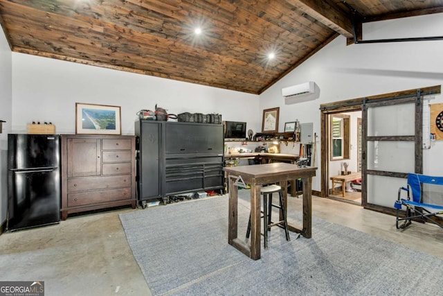14905 Thompson Rd, Milton, GA 30004 - dining room featuring finished concrete floors, a wall unit AC, wood ceiling, and high vaulted ceiling