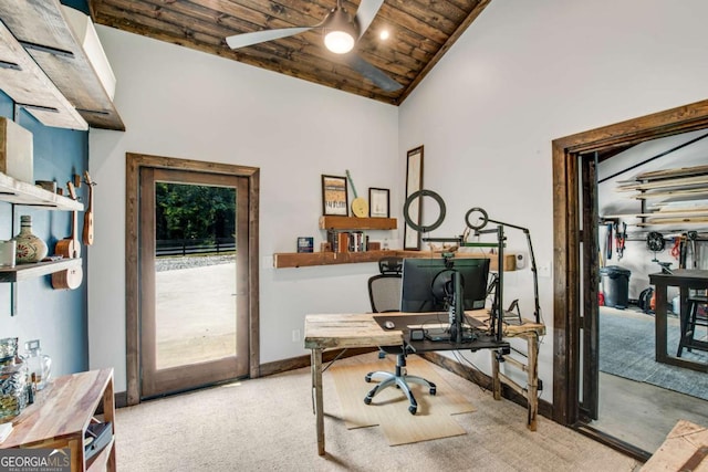 14905 Thompson Rd, Milton, GA 30004 - home office featuring wood ceiling, a ceiling fan, high vaulted ceiling, and baseboards