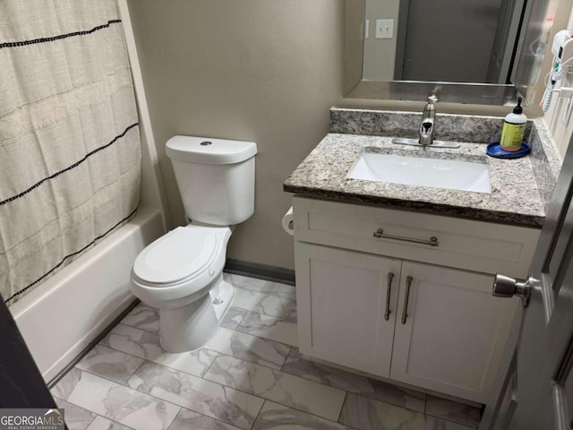 4678 Browns Mill Ferry Rd, Lithonia, GA 30038 - bathroom featuring marble look tile flooring, vanity, toilet, shower / bath combo with shower curtain, and baseboards