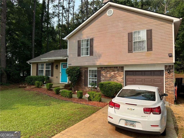 4678 Browns Mill Ferry Rd, Lithonia, GA 30038 - tri-level home featuring a garage, brick siding, a front lawn, and driveway