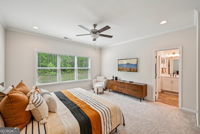 20056 Windalier Way, Roswell, GA 30076 - carpeted bedroom with crown molding, baseboards, recessed lighting, a ceiling fan, and ensuite bath