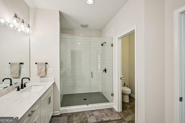 20056 Windalier Way, Roswell, GA 30076 - full bath with vanity, toilet, a shower stall, baseboards, and recessed lighting