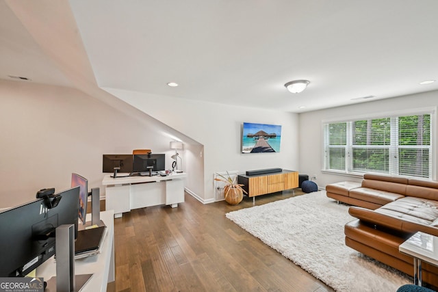 20056 Windalier Way, Roswell, GA 30076 - living area with dark wood-type flooring, a desk, recessed lighting, and baseboards