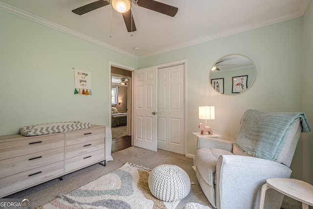 205 Plantation Rd SW, Smyrna, GA 30082 - sitting room featuring a ceiling fan, light carpet, ornamental molding, and baseboards