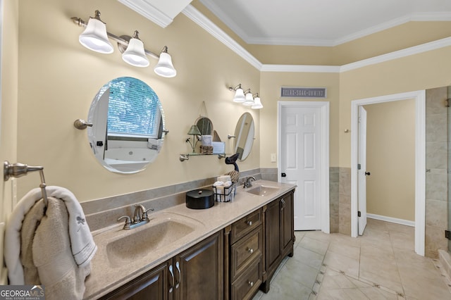 3535 Fairgreen Ct, Douglasville, GA 30135 - bathroom featuring double vanity, crown molding, and tile walls