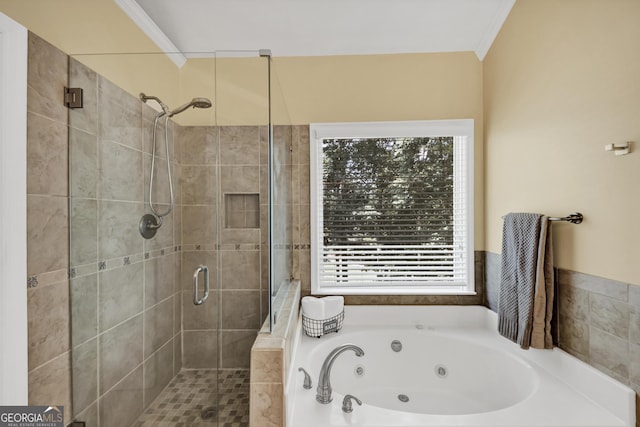 3535 Fairgreen Ct, Douglasville, GA 30135 - full bathroom with a tub with jets, a stall shower, and crown molding