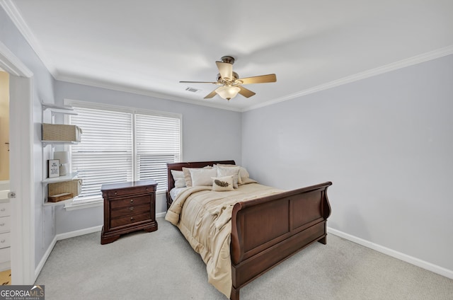 3535 Fairgreen Ct, Douglasville, GA 30135 - bedroom featuring light colored carpet, crown molding, baseboards, and ceiling fan