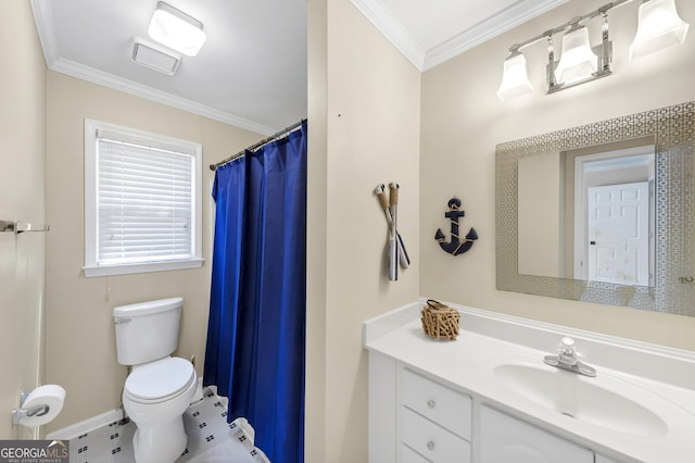 3535 Fairgreen Ct, Douglasville, GA 30135 - bathroom featuring toilet, vanity, ornamental molding, baseboards, and a shower with curtain