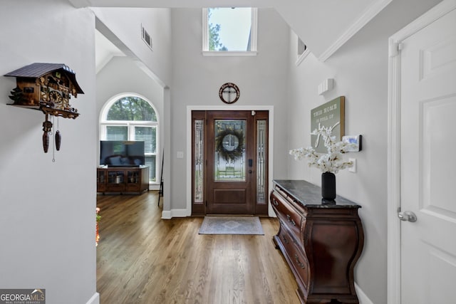 3535 Fairgreen Ct, Douglasville, GA 30135 - entrance foyer with light wood-type flooring, a towering ceiling, and baseboards