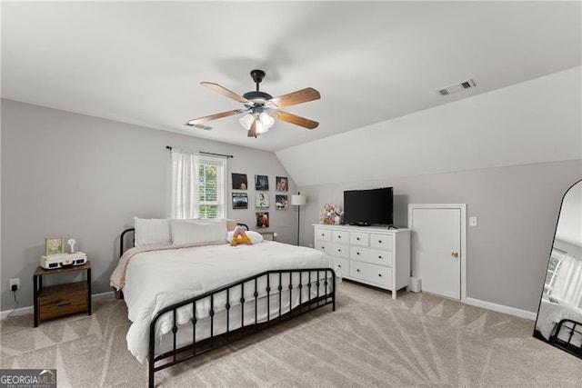 5510 Pilgrim Point Ext, Cumming, GA 30041 - bedroom featuring light carpet, vaulted ceiling, baseboards, and a ceiling fan