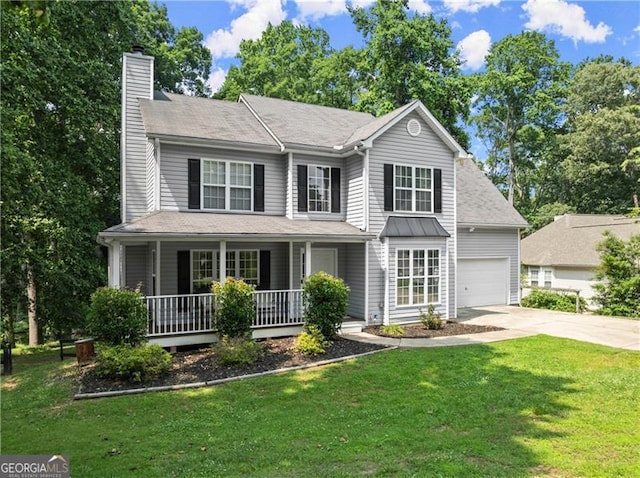 5510 Pilgrim Point Ext, Cumming, GA 30041 - view of front of home featuring a chimney, driveway, a porch, an attached garage, and a front lawn