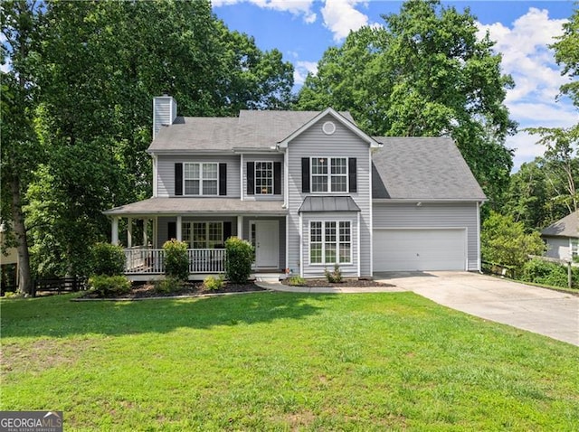 5510 Pilgrim Point Ext, Cumming, GA 30041 - view of front of house with a porch, concrete driveway, an attached garage, a chimney, and a front lawn