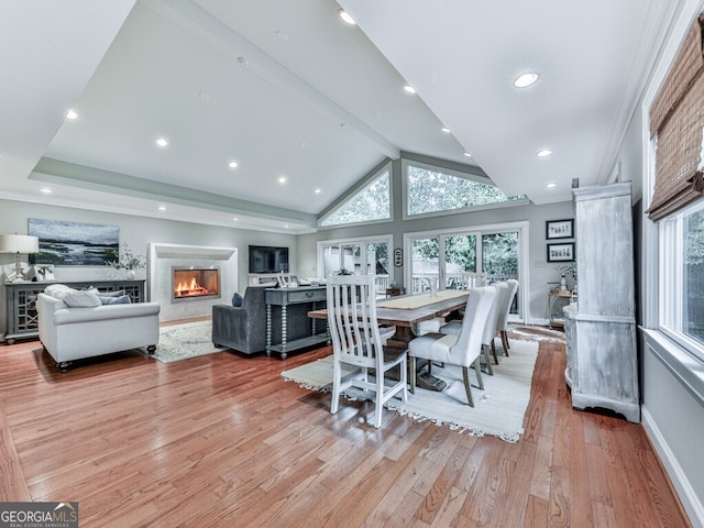 646 Darlington Cir NE, Atlanta, GA 30305 - dining room featuring plenty of natural light, light wood finished floors, vaulted ceiling, a high end fireplace, and baseboards