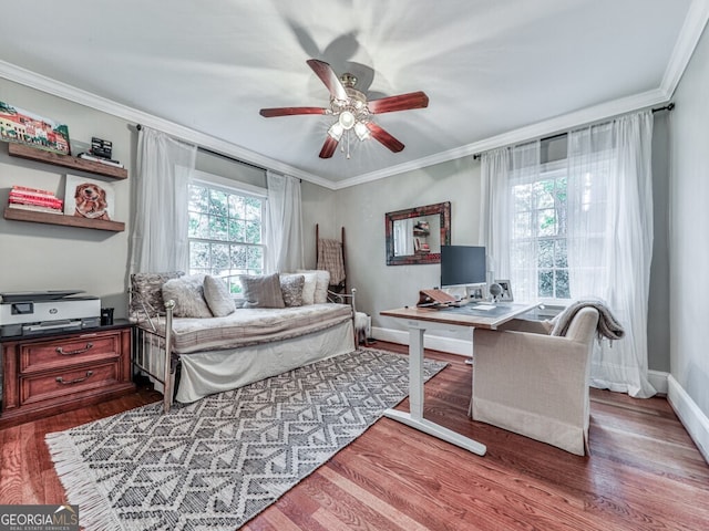 646 Darlington Cir NE, Atlanta, GA 30305 - office featuring ornamental molding, wood finished floors, a ceiling fan, and baseboards