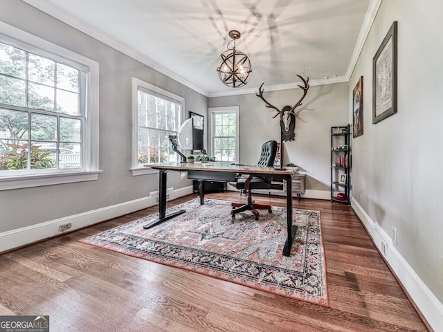 646 Darlington Cir NE, Atlanta, GA 30305 - office with ornamental molding, wood finished floors, a chandelier, and baseboards