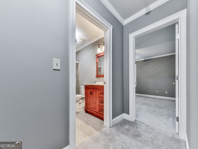 646 Darlington Cir NE, Atlanta, GA 30305 - hall featuring carpet flooring, crown molding, and baseboards
