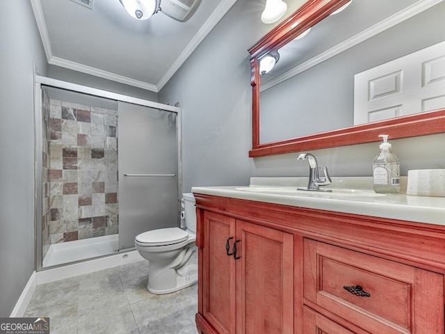 646 Darlington Cir NE, Atlanta, GA 30305 - full bath featuring ornamental molding, vanity, toilet, a shower stall, and tile patterned flooring