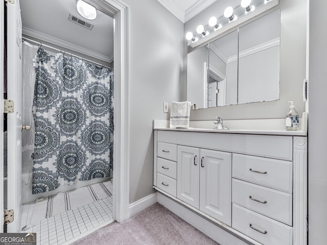 646 Darlington Cir NE, Atlanta, GA 30305 - bathroom with crown molding, vanity, a shower with shower curtain, and baseboards