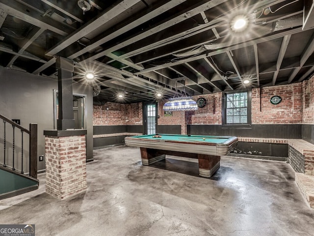646 Darlington Cir NE, Atlanta, GA 30305 - game room featuring brick wall, billiards table, and concrete floors