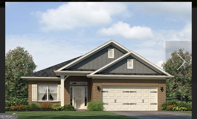 584 Walnut Creek Pkwy, Pendergrass, GA 30567 - craftsman-style house featuring board and batten siding, brick siding, a garage, driveway, and a front lawn