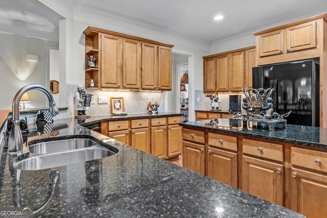 1000 Deep Water Way, Greensboro, GA 30642 - kitchen with freestanding refrigerator, a sink, open shelves, dark stone counters, and decorative backsplash