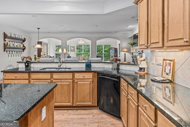1000 Deep Water Way, Greensboro, GA 30642 - kitchen with black dishwasher, a sink, crown molding, light wood-style floors, and arched walkways