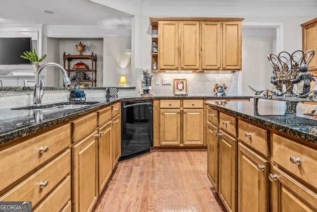 1000 Deep Water Way, Greensboro, GA 30642 - kitchen with black dishwasher, a sink, light wood-style floors, brown cabinetry, and ornamental molding