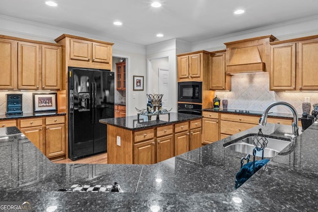 1000 Deep Water Way, Greensboro, GA 30642 - kitchen featuring black appliances, a sink, premium range hood, crown molding, and tasteful backsplash