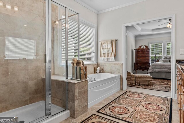1000 Deep Water Way, Greensboro, GA 30642 - ensuite bathroom with crown molding, a garden tub, a stall shower, and ceiling fan
