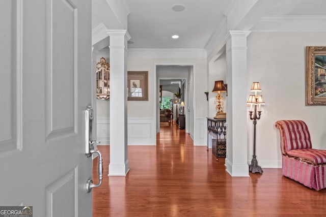 1000 Deep Water Way, Greensboro, GA 30642 - entrance foyer with ornate columns, wood finished floors, crown molding, and recessed lighting