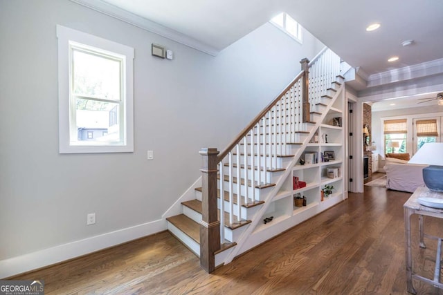 1753 Russell St SE, Atlanta, GA 30316 - stairway featuring crown molding, wood finished floors, ceiling fan, recessed lighting, and baseboards