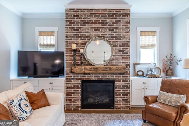 1753 Russell St SE, Atlanta, GA 30316 - living area featuring a brick fireplace, ornamental molding, and wood finished floors