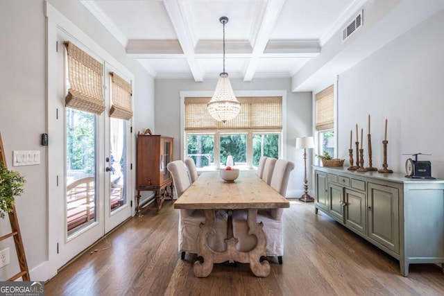 1753 Russell St SE, Atlanta, GA 30316 - dining area featuring beamed ceiling, plenty of natural light, a chandelier, wood finished floors, and coffered ceiling