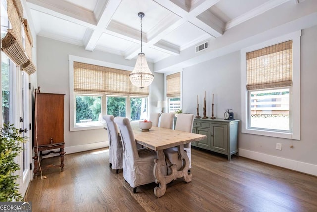 1753 Russell St SE, Atlanta, GA 30316 - dining space featuring a chandelier, wood finished floors, beam ceiling, coffered ceiling, and baseboards